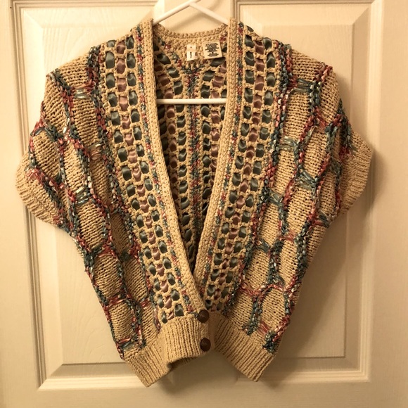 Cotton polyester nylon shrug with varied coloured ribbon ornamentation 2 buttons - Picture 1 of 1